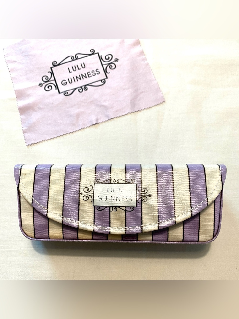 Lulu Guinness Lavender and White Striped Eyewear Case with Matching Cloth Twee